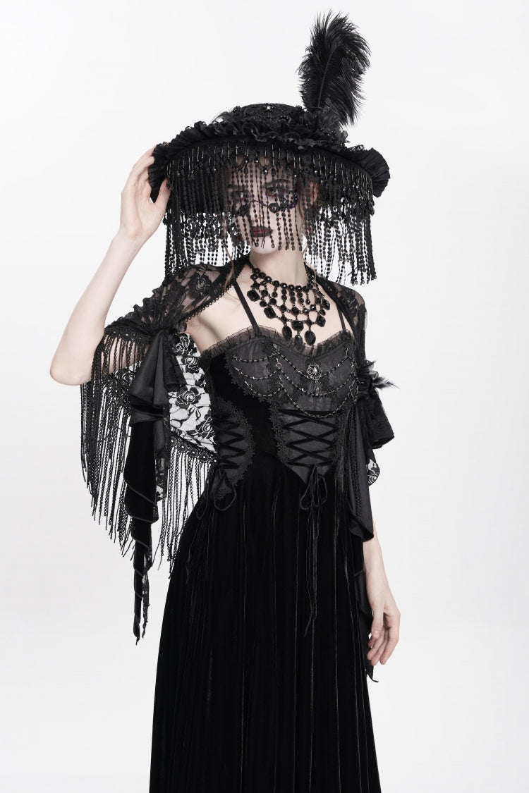 Black Sleeveless Ruffle Lace-Up Plumed Women's Gothic Long Slip Dress - Product - 12