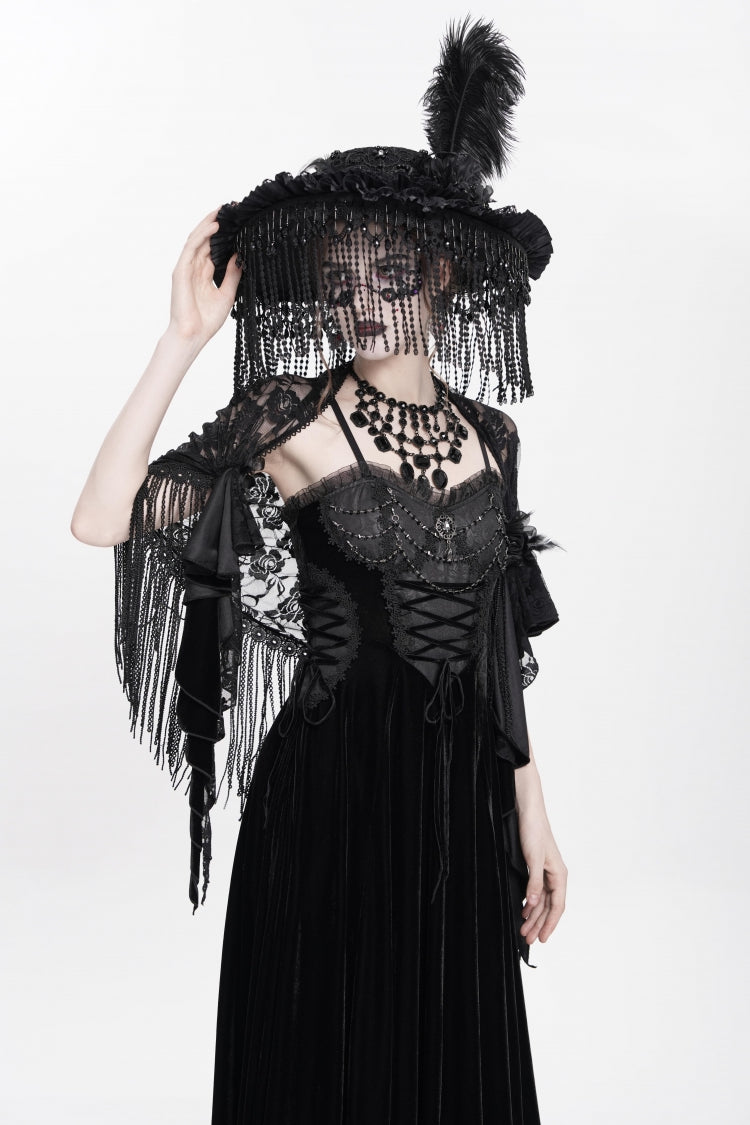 Black Sleeveless Ruffle Lace-Up Plumed Women's Gothic Long Slip Dress - Product - 12