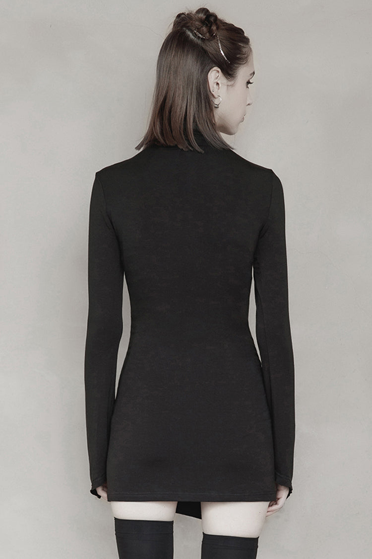 Black Cashmere Knitting Cross Fold Tie Rope Design High Collar Pleated Fit Women's Punk Dress - Product - 3