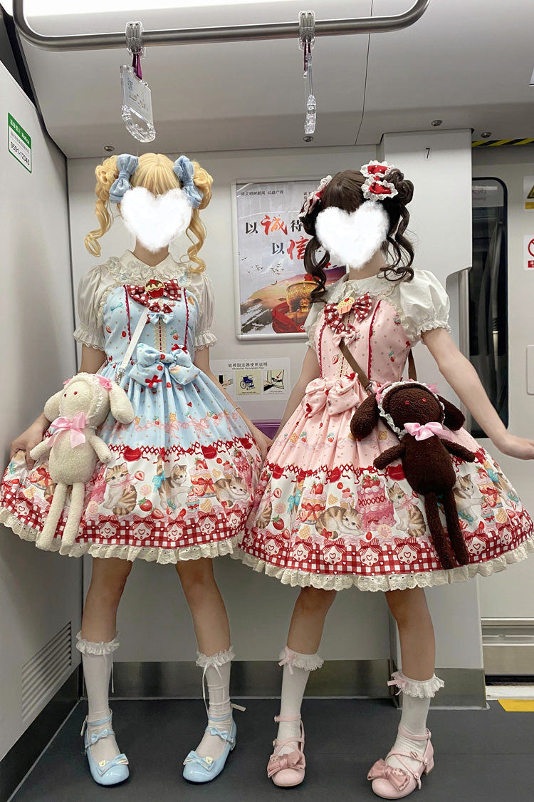 [Strawberry Cake Kitty] Sleeveless Printed Bow Lace Sweet Lolita Strap Dress 3 Colors - Product - 8