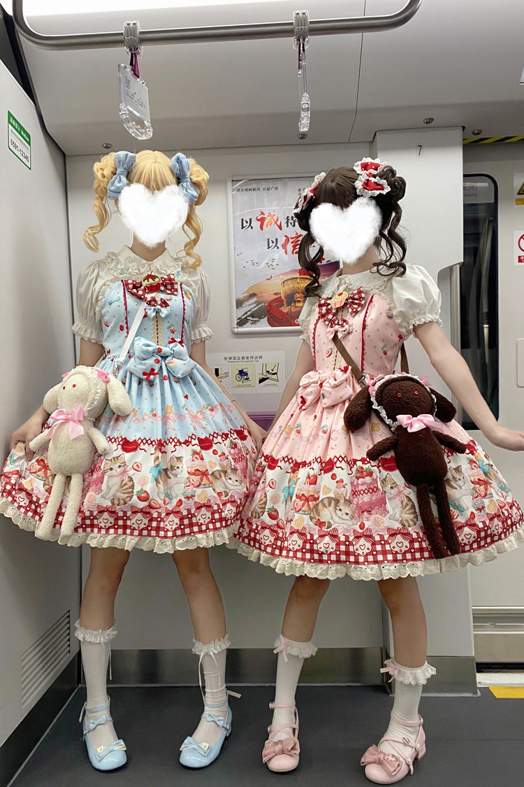 [Strawberry Cake Kitty] Sleeveless Printed Bow Lace Sweet Lolita Strap Dress 3 Colors - Product - 8