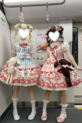 [Strawberry Cake Kitty] Sleeveless Printed Bow Lace Sweet Lolita Strap Dress 3 Colors - Product - 8