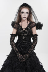 Black V Collar Short Sleeves Embroidered Lace Lace-Up Slim Women's Gothic Top - Product - 3