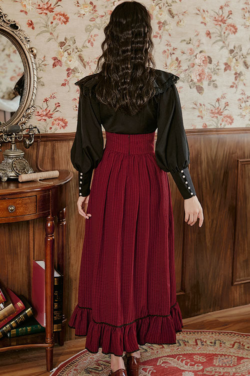 Wine Vintage Palace Style Ruffled Stripe Print High Waisted Classic Lolita Dress Skirt - Product - 4