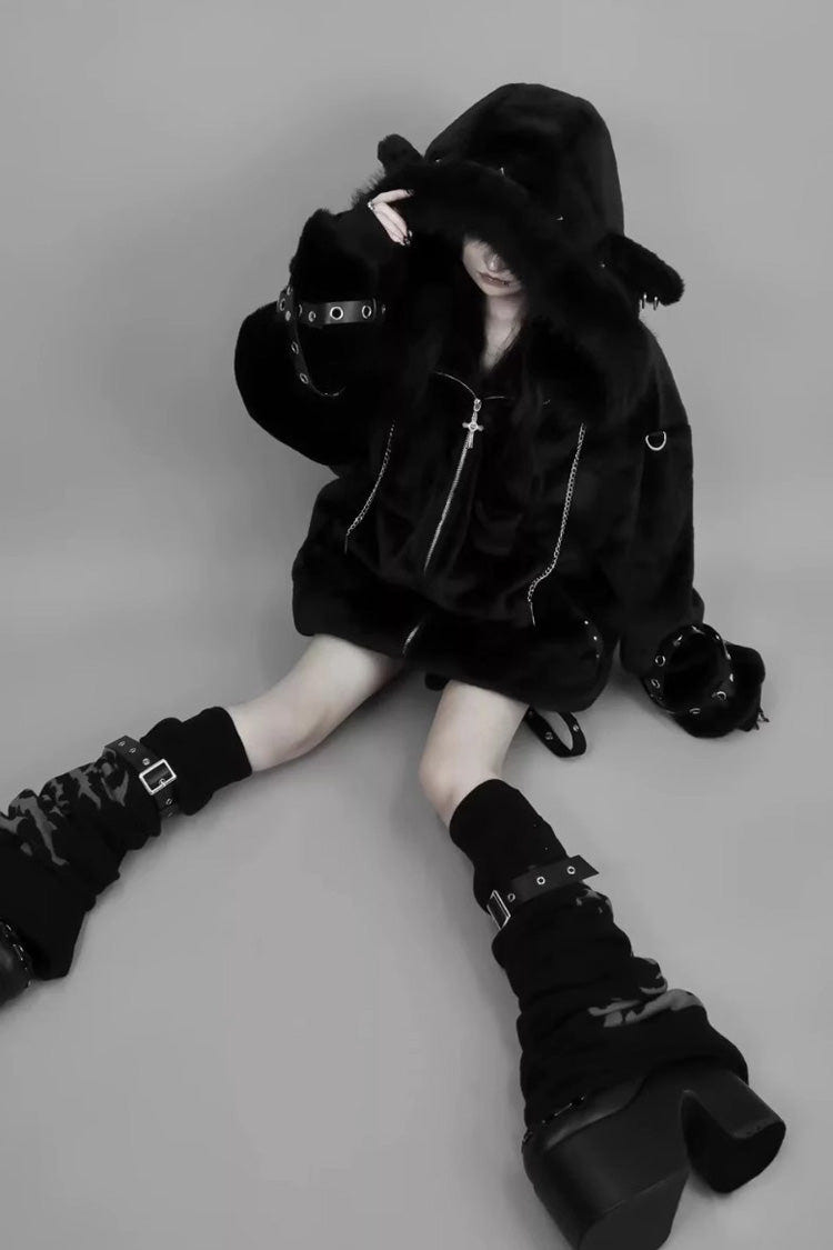 Black Long Sleeves Lamb Ears Hooded Rivet Punk Japanese Jirai Kei Coat - Product - 4