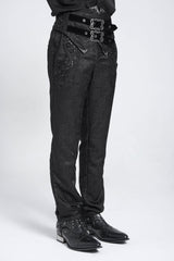 Black Double Buckles High Waisted Embroidery Men's Gothic Suit Pants - Product - 2
