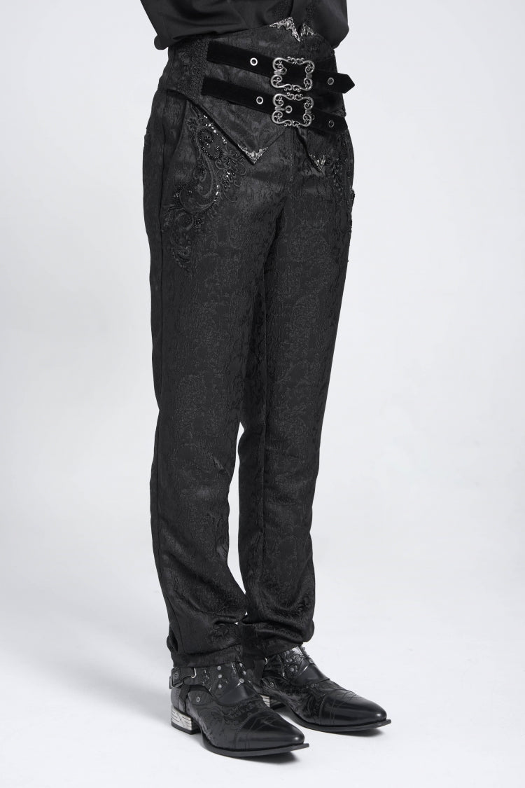 Black Double Buckles High Waisted Embroidery Men's Gothic Suit Pants - Product - 2