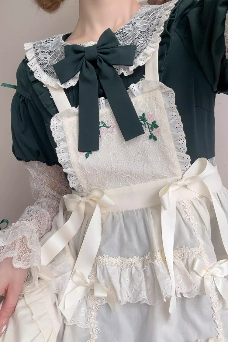 Green [Mist over Flowers Along the Path] Lapel Collar Long Sleeves Embroidery Bowknot Lace Sweet Lolita Dress - Product - 6