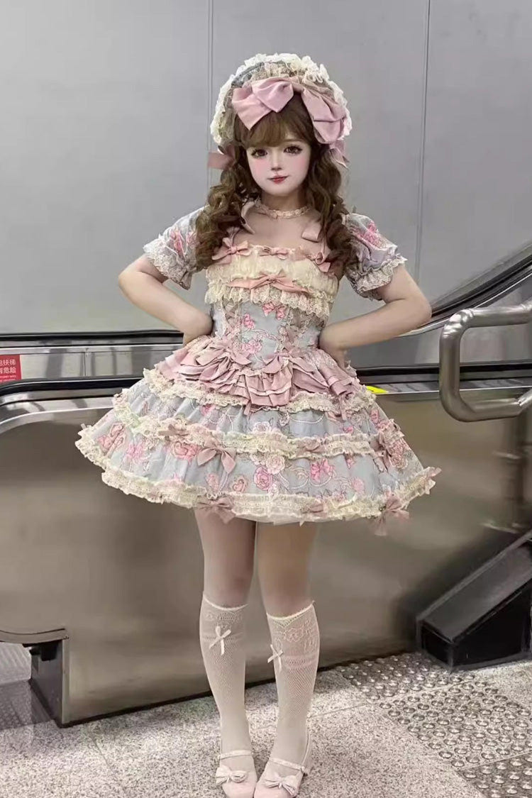 Blue/Pink [Gem Rose] Multi-Layered Ruffle Bowknot Lace Sweet Princess Lolita Skirt 2 Versions - Product - 12