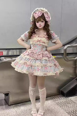 Blue/Pink [Gem Rose] Multi-Layered Ruffle Bowknot Lace Sweet Princess Lolita Skirt 2 Versions - Product - 12