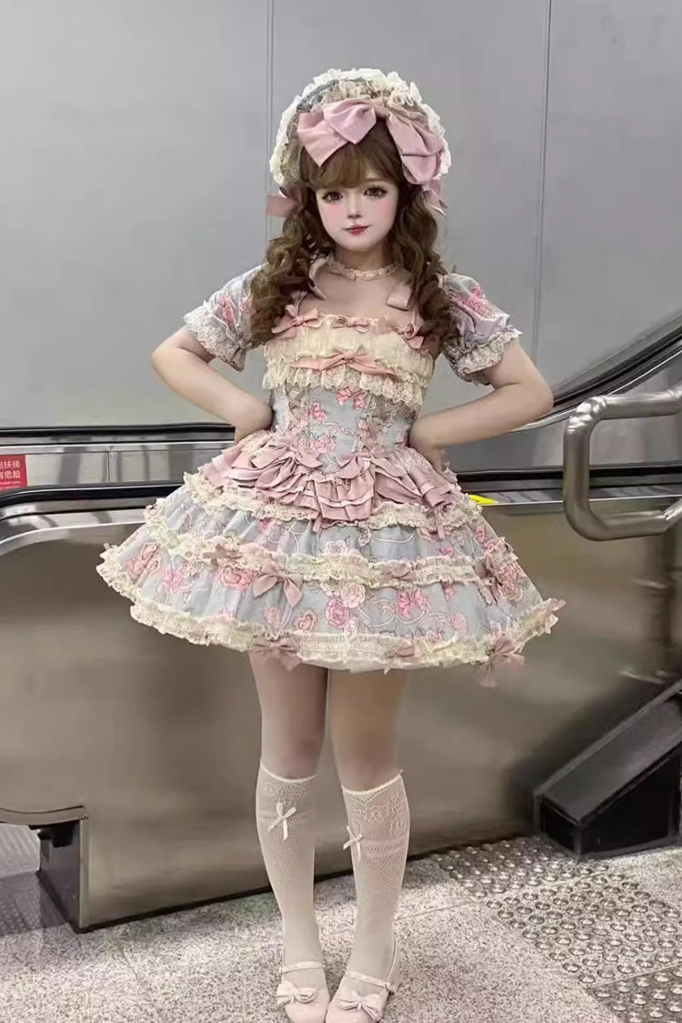 Blue/Pink [Gem Rose] Multi-Layered Ruffle Bowknot Lace Sweet Princess Lolita Skirt 2 Versions - Product - 12