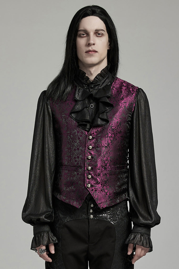 Black/Red Jacquard Lace-Up Slim Men's Gothic Vest - Black/Red - 1