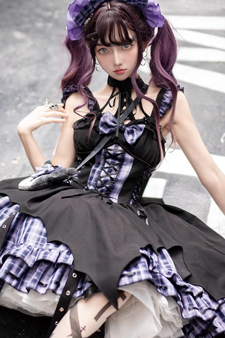 Rock Radio Wave Irregular Subculture Grid Print Bowknot Stitching Gothic Lolita Dress 3 Colors - Product - 2
