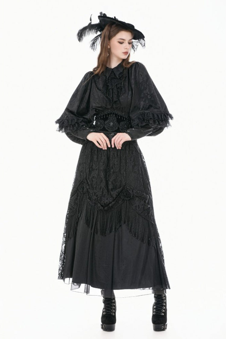 Black Point Collar Long Bishop Sleeves Rose Jacquard Irregular Hem Women's Gothic Blouse with Detachable Tie - Product - 11