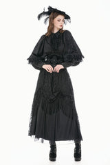 Black Point Collar Long Bishop Sleeves Rose Jacquard Irregular Hem Women's Gothic Blouse with Detachable Tie - Product - 11