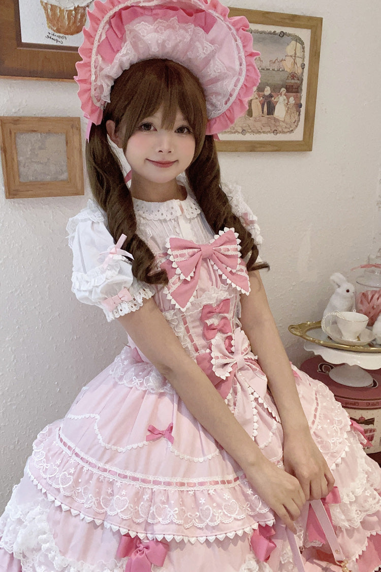 Pink [Fondant Cake] Sleeveless Multi-Layered Ruffle Bowknot Lace Sweet Lolita Jsk Dress - Product - 11