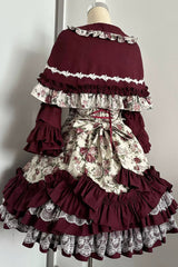Burgundy Rose Flower Wall Printed Off Shoulder Sleeveless Ruffled Bow Lace Gothic Lolita Jsk Dress - Product - 5