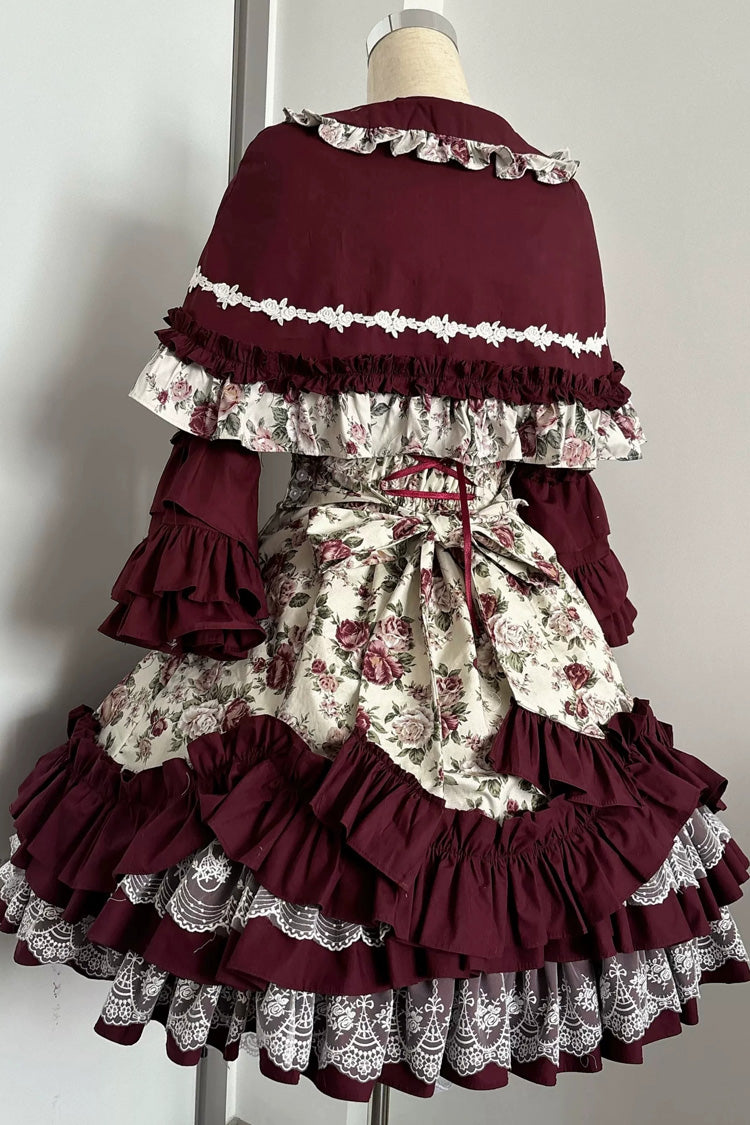 Burgundy Rose Flower Wall Printed Off Shoulder Sleeveless Ruffled Bow Lace Gothic Lolita Jsk Dress - Product - 5