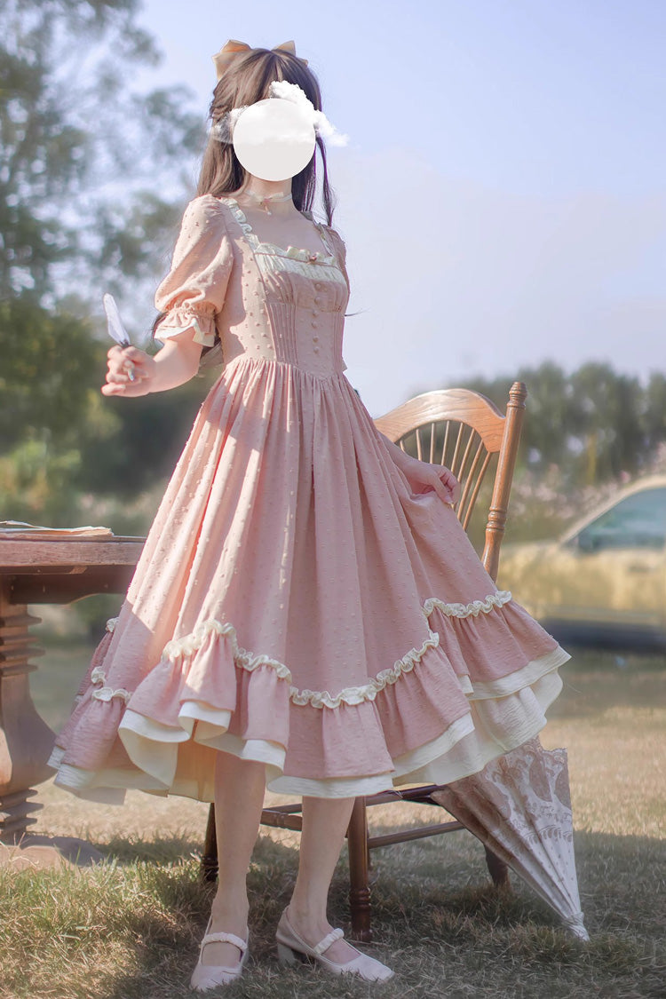 Pink Square Collar Short Puff Sleeves Ruffle Embroidery Sweet Elegant Lolita Dress - Product - 4