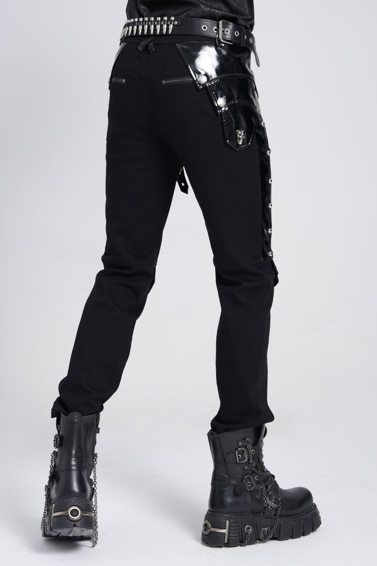 Black Armor Patent Leather Stitching Men's Punk Pants - Product - 8