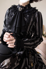 Black Stand Collar Long Sleeves Multi-layer Striped Print Ruffle Gothic Lolita Dress - Product - 11