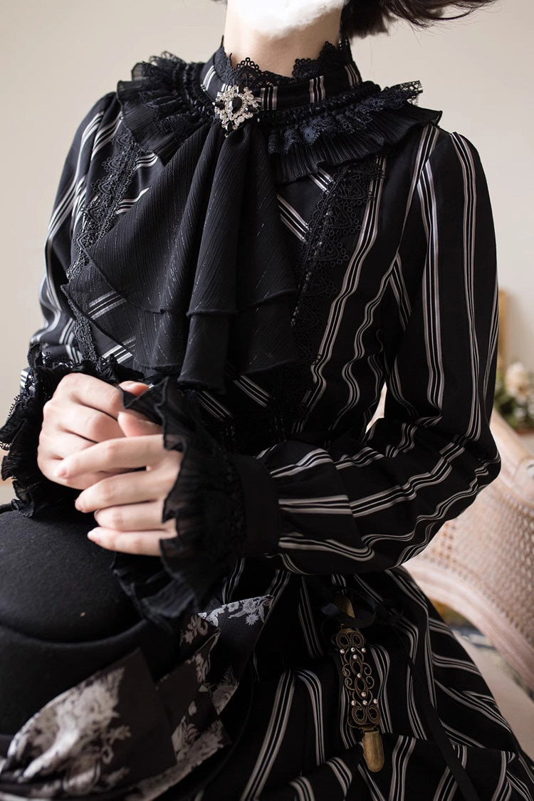 Black Stand Collar Long Sleeves Multi-layer Striped Print Ruffle Gothic Lolita Dress - Product - 11
