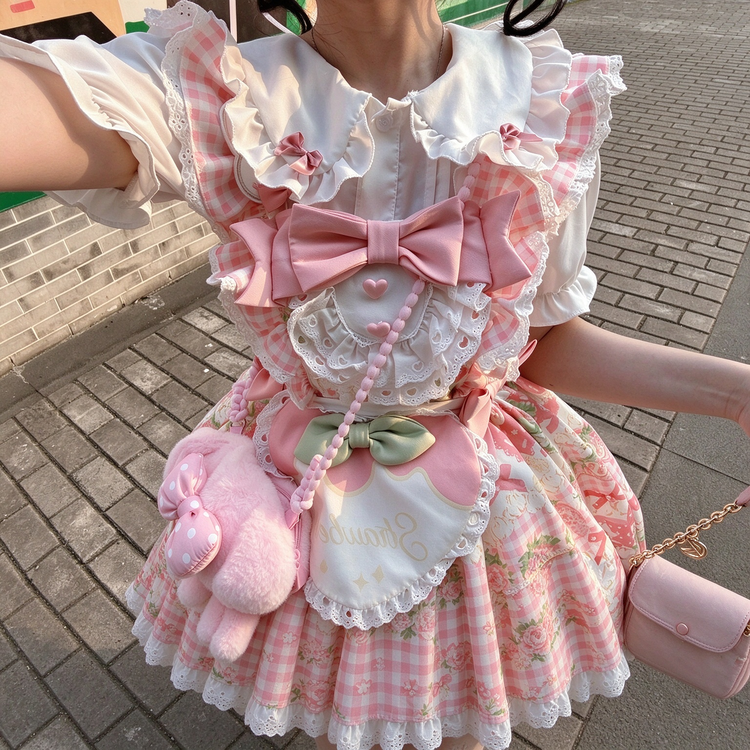 Strawberry Print Ruffled Maid Lolita Dress Set with Apron - view 6