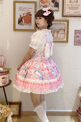 Milky Berry Bear Print Pink Bowknot Stitching Lace Sweet Lolita Strap Dress - Product - 4