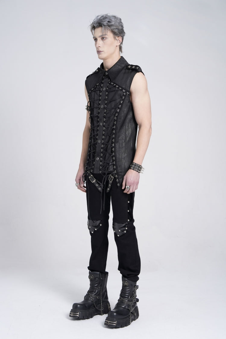 Black Sleeveless Studded Lace-Up Men's Gothic Blouse - Product - 7