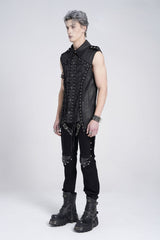Black Sleeveless Studded Lace-Up Men's Gothic Blouse - Product - 7