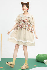 Beige Vintage Doll Collar Bear Print Fake Two Pieces Short Sleeves Sweet Lolita Dress - Product - 3
