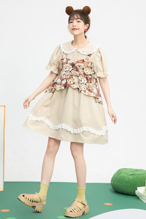 Beige Vintage Doll Collar Bear Print Fake Two Pieces Short Sleeves Sweet Lolita Dress - Product - 3