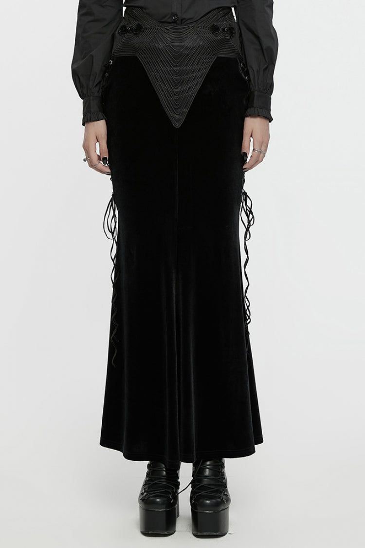 Black Ruffle Rose Embroidery Lace-Up Women's Gothic Fishtailed Skirt - Black - 1