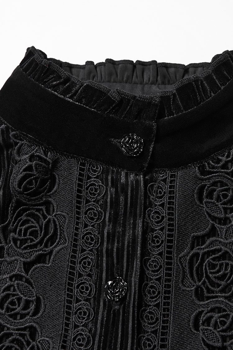 Black Stand Collar Long Puff Sleeves Floral Embroidered Lace-Up Women's Gothic Blouse - Product - 5