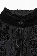 Black Stand Collar Long Puff Sleeves Floral Embroidered Lace-Up Women's Gothic Blouse - Product - 5