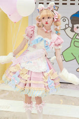 Pink Short Sleeves Multi-Layered Ruffle Bowknot Sweet Princess Lolita Dress Full Set - Product - 3