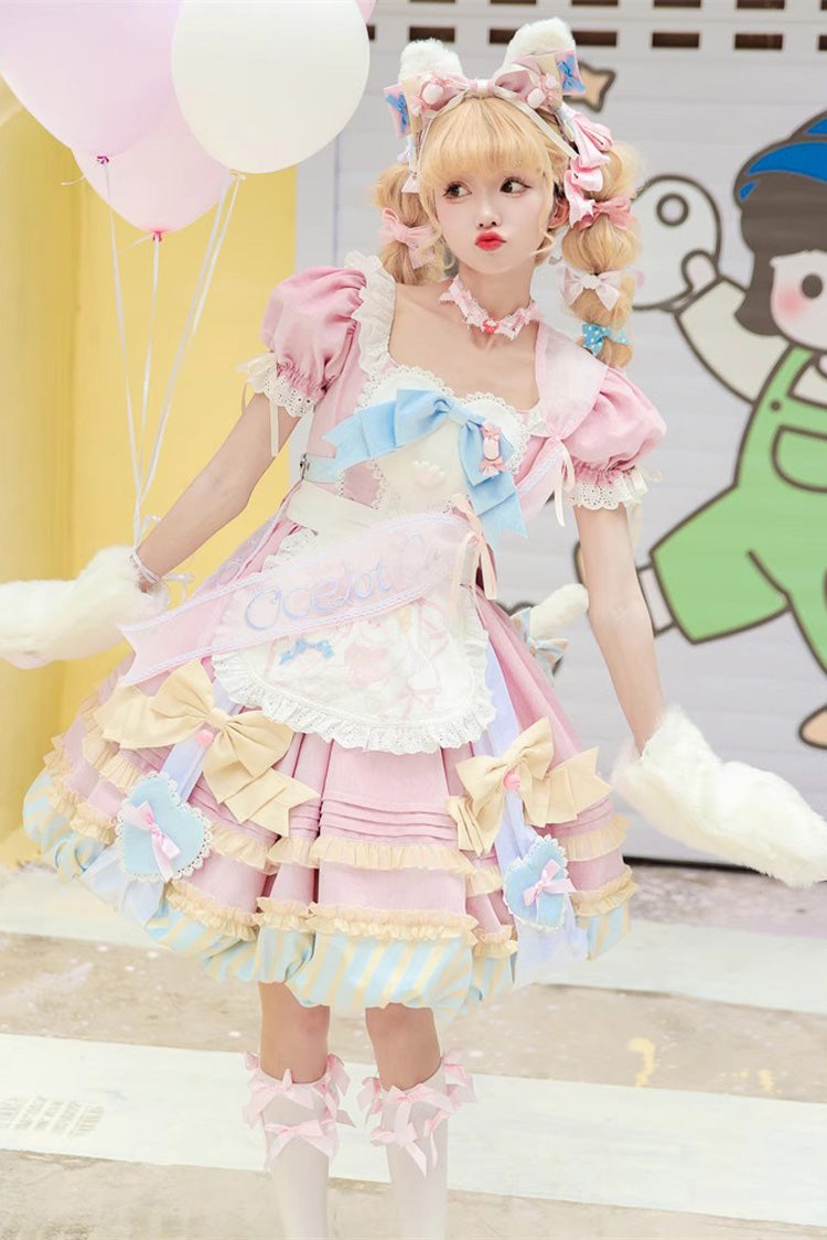 Pink Short Sleeves Multi-Layered Ruffle Bowknot Sweet Princess Lolita Dress Full Set - Product - 3