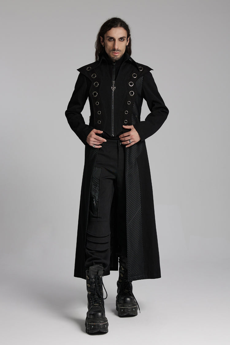 Black Metal Ring Zipper Long Sleeves Men's Punk Long Jacket - Product - 5