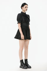 Black Point Lapel Collar Short Puff Sleeves Women's Gothic Blouse with Removable Rosette Cravat - Product - 2
