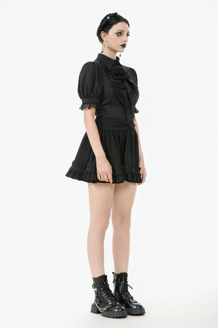 Black Point Lapel Collar Short Puff Sleeves Women's Gothic Blouse with Removable Rosette Cravat - Product - 2