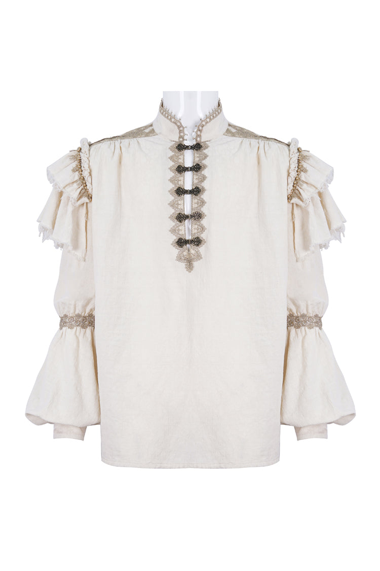 Beige Stand Collar Lantern Sleeves Multi-layer Ruffle Men's Gothic Blouse - Product - 5