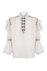 Beige Stand Collar Lantern Sleeves Multi-layer Ruffle Men's Gothic Blouse - Product - 5