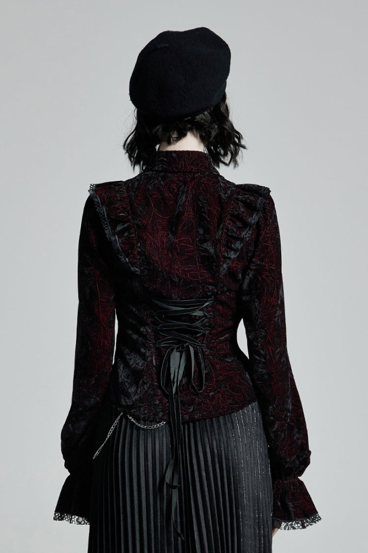 Black/Red Stand Collar Floral Embroidery Lace Women's Gothic Blouse - Product - 3