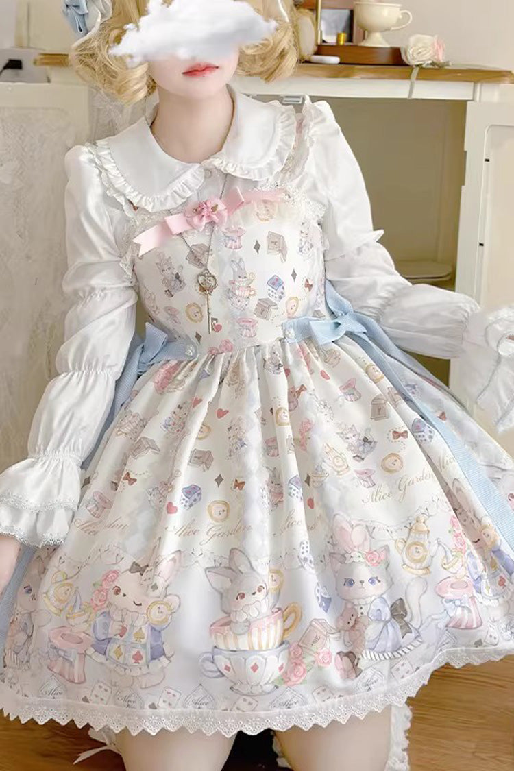 アイボリー ノースリーブ プリント フリル リボン プリンセス ロリータ ストラップ ワンピースセット 商品画像