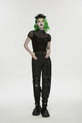 Black Stand Collar Short Sleeves Zippered Women's Punk Rivets&Eyelets T-Shirt - Black - 1
