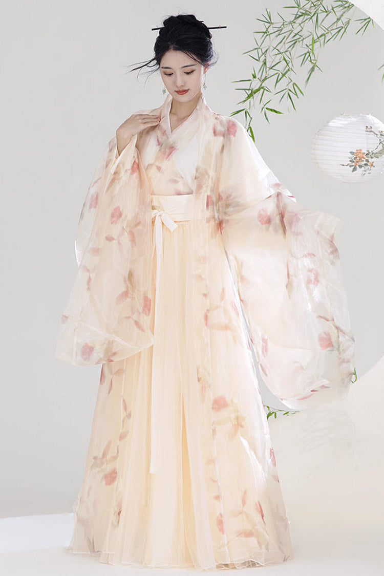 Orange V Collar High Waisted Print Sweet Chinese Style Hanfu Dress Full Set - Product - 4