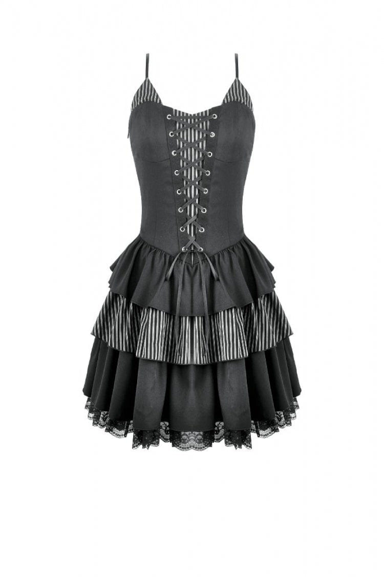 Black/White Contrast Stripes Lace-Up Multi-Layered Ruffled Hem Women's Gothic Slip Dress - Product - 3