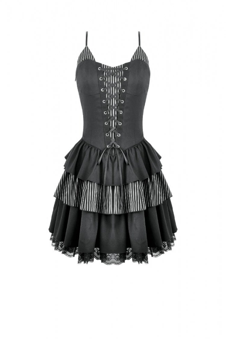 Black/White Contrast Stripes Lace-Up Multi-Layered Ruffled Hem Women's Gothic Slip Dress - Product - 3