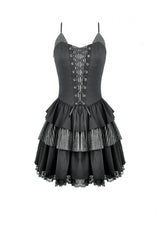 Black/White Contrast Stripes Lace-Up Multi-Layered Ruffled Hem Women's Gothic Slip Dress - Product - 3