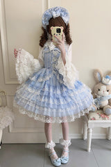 Blue [Love Overture] Multi-Layered Ruffle Bowknot Lace Sweet Lolita Jsk Dress - Blue - 1